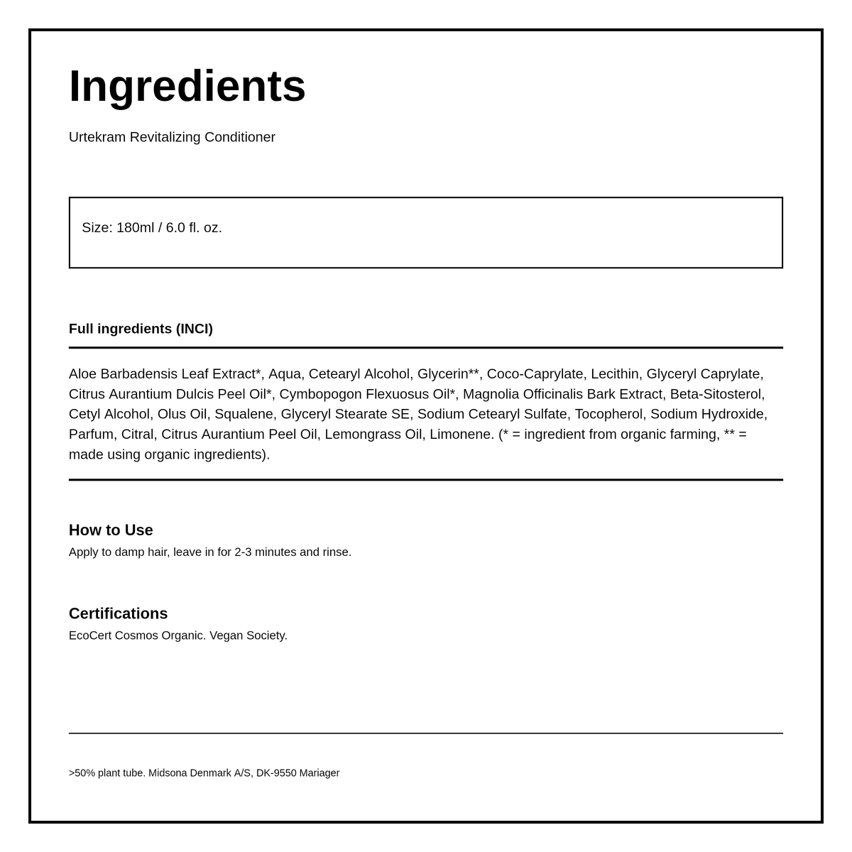 Urtekram Organic Aloe Vera Conditioner — ingredients (INCI) panel, generated from the pack