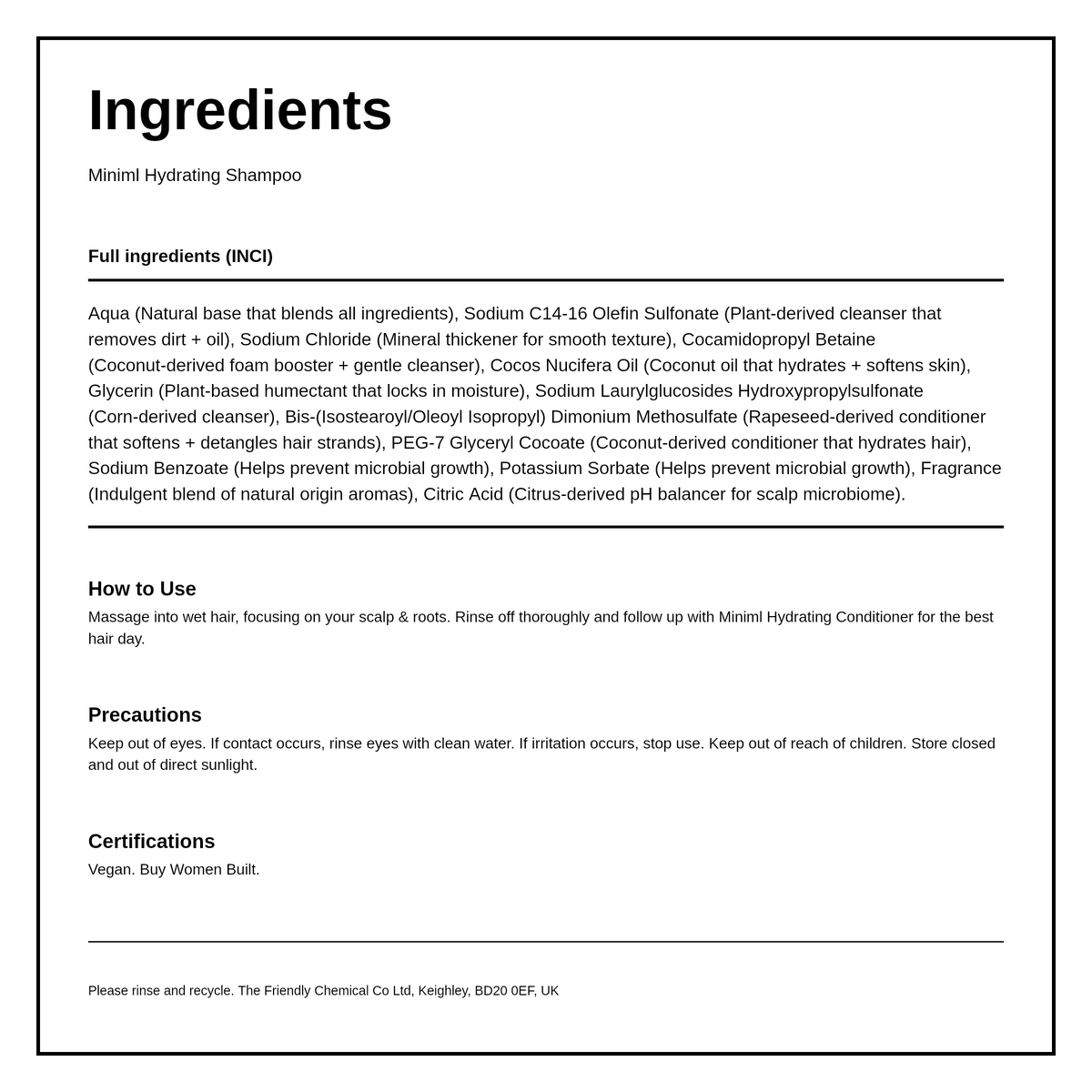 Miniml Hydrating Shampoo Coconut — ingredients (INCI) panel, generated from the pack