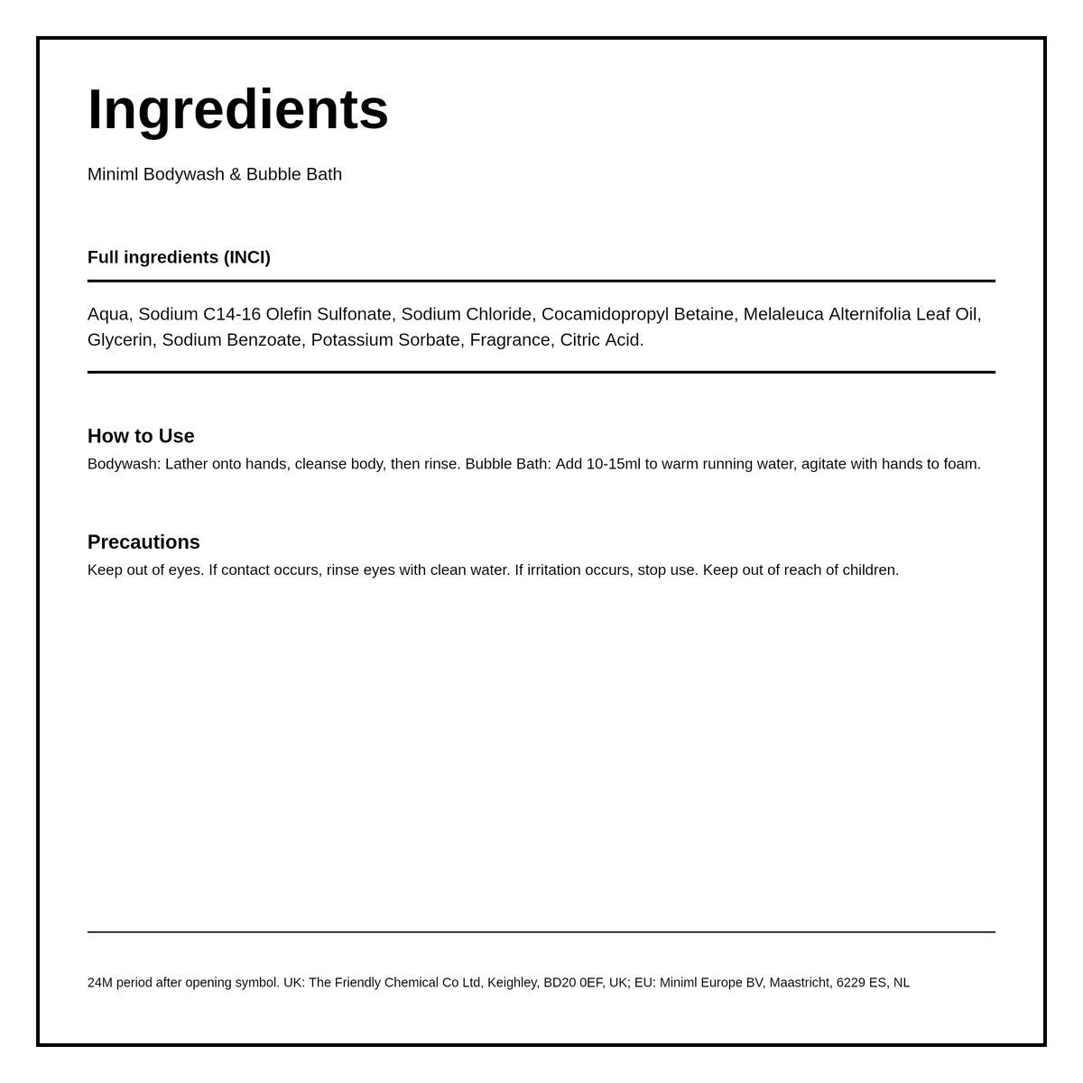 Miniml Tea Tree Bodywash 400ml — ingredients (INCI) panel, generated from the pack