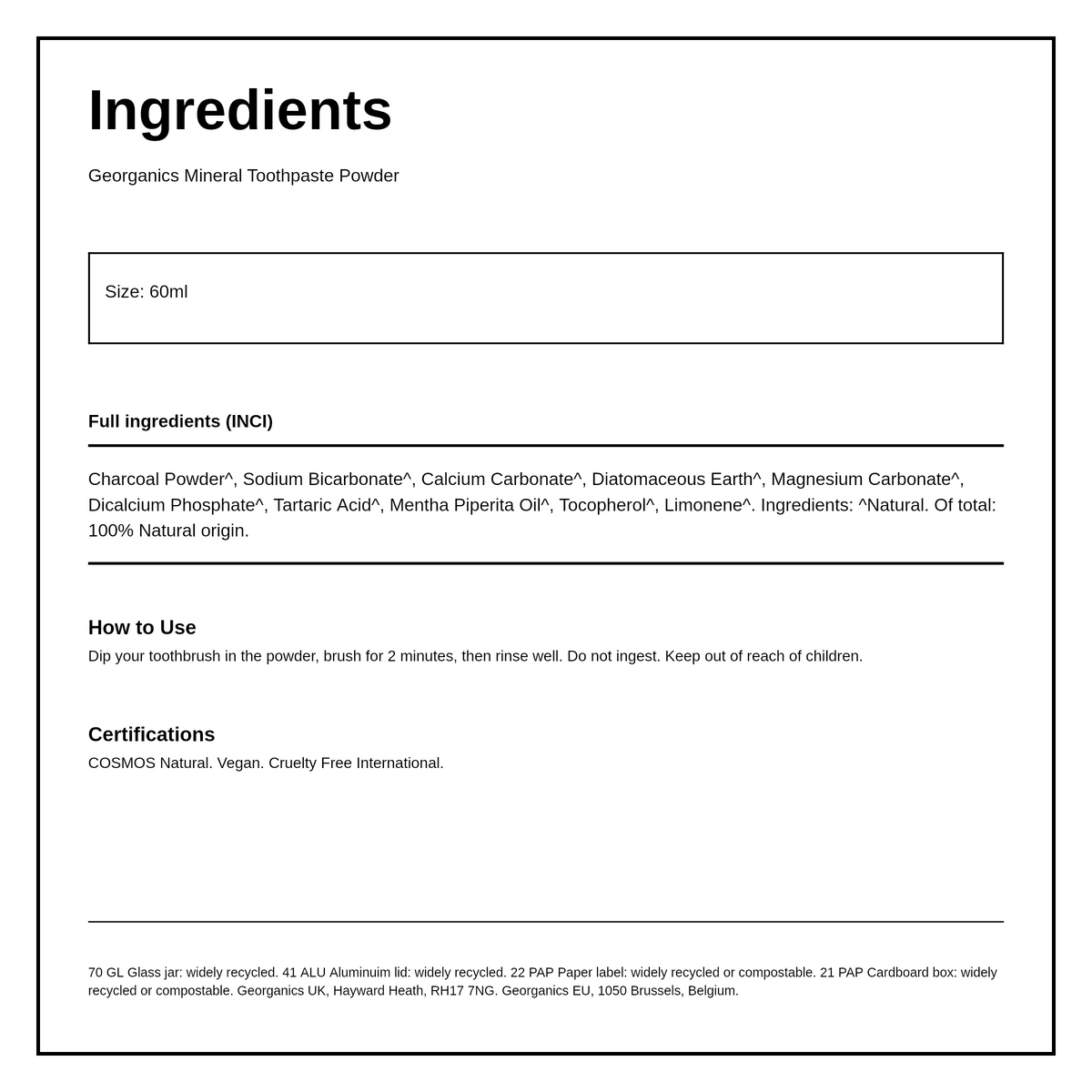 Georganics Whitening Toothpowder - Charcoal — ingredients (INCI) panel, generated from the pack