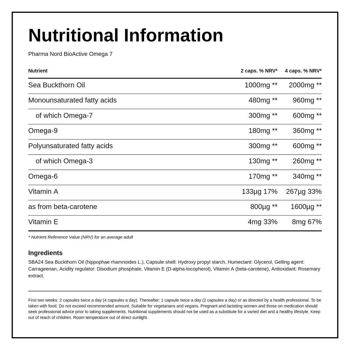 Omega 7 Sea Buckthorn Oil — nutrition information panel, generated from the pack