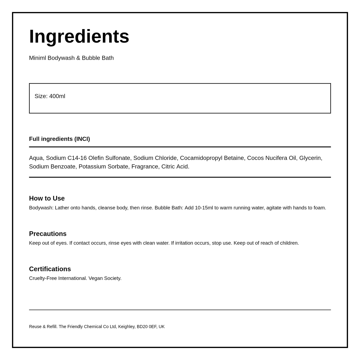 Miniml Coconut Bodywash 400ml — ingredients (INCI) panel, generated from the pack