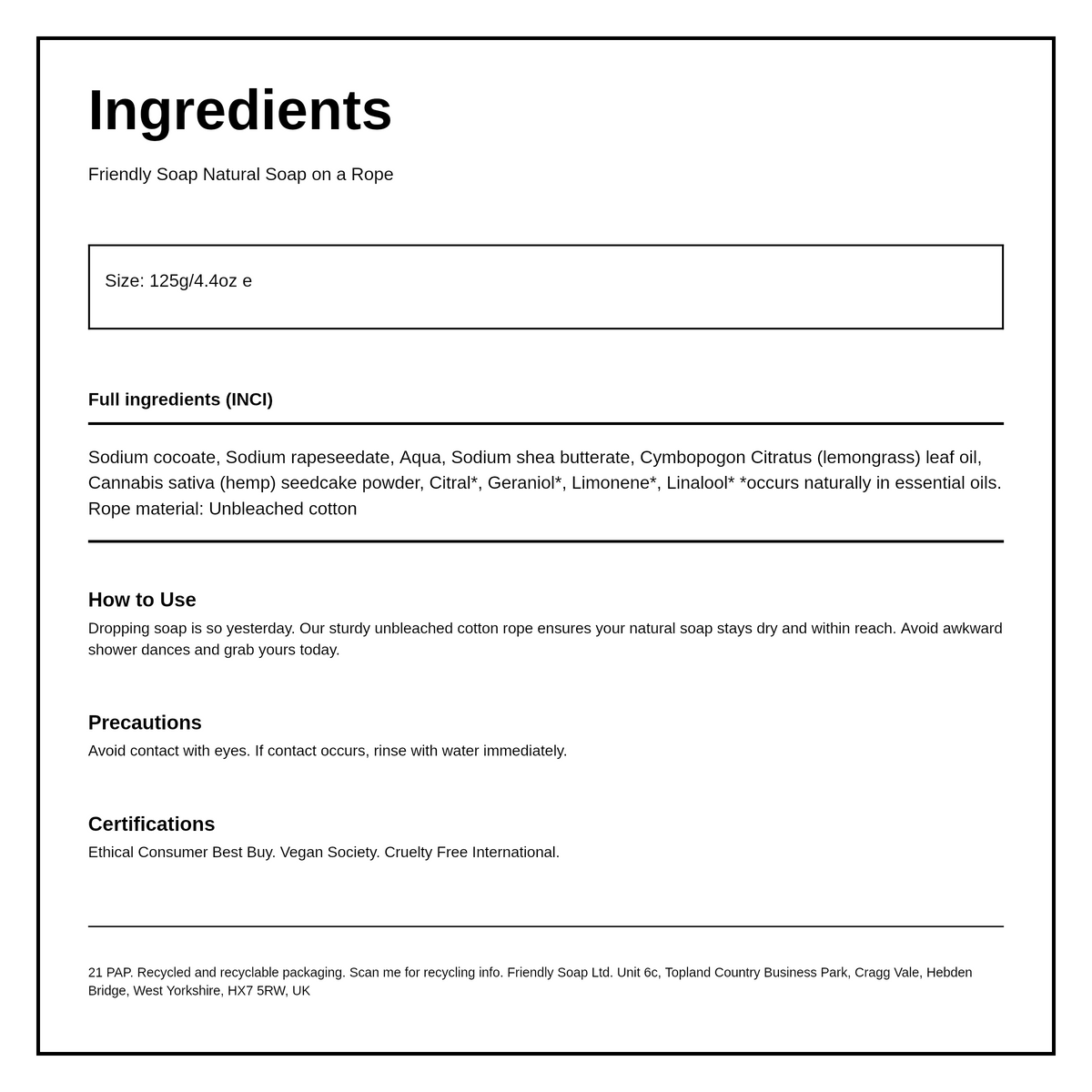 Friendly Soap Lemongrass-Soap On A Rope — ingredients (INCI) panel, generated from the pack