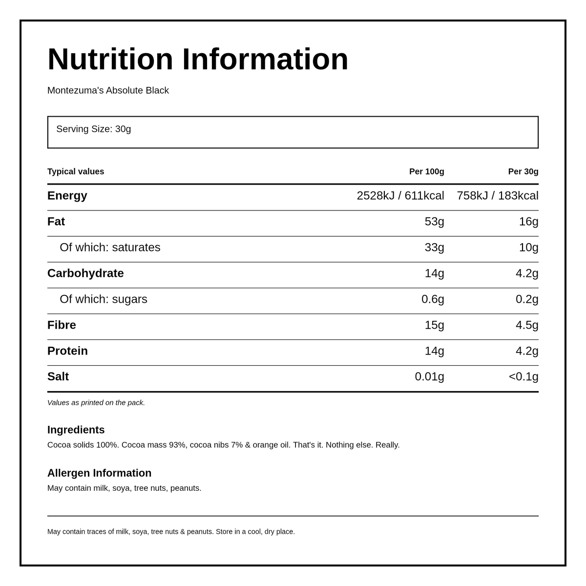 Montezumas Chocolate Absolute Black 100% Cocoa with Coco Nibs and Orange — nutrition information panel, generated from the pack