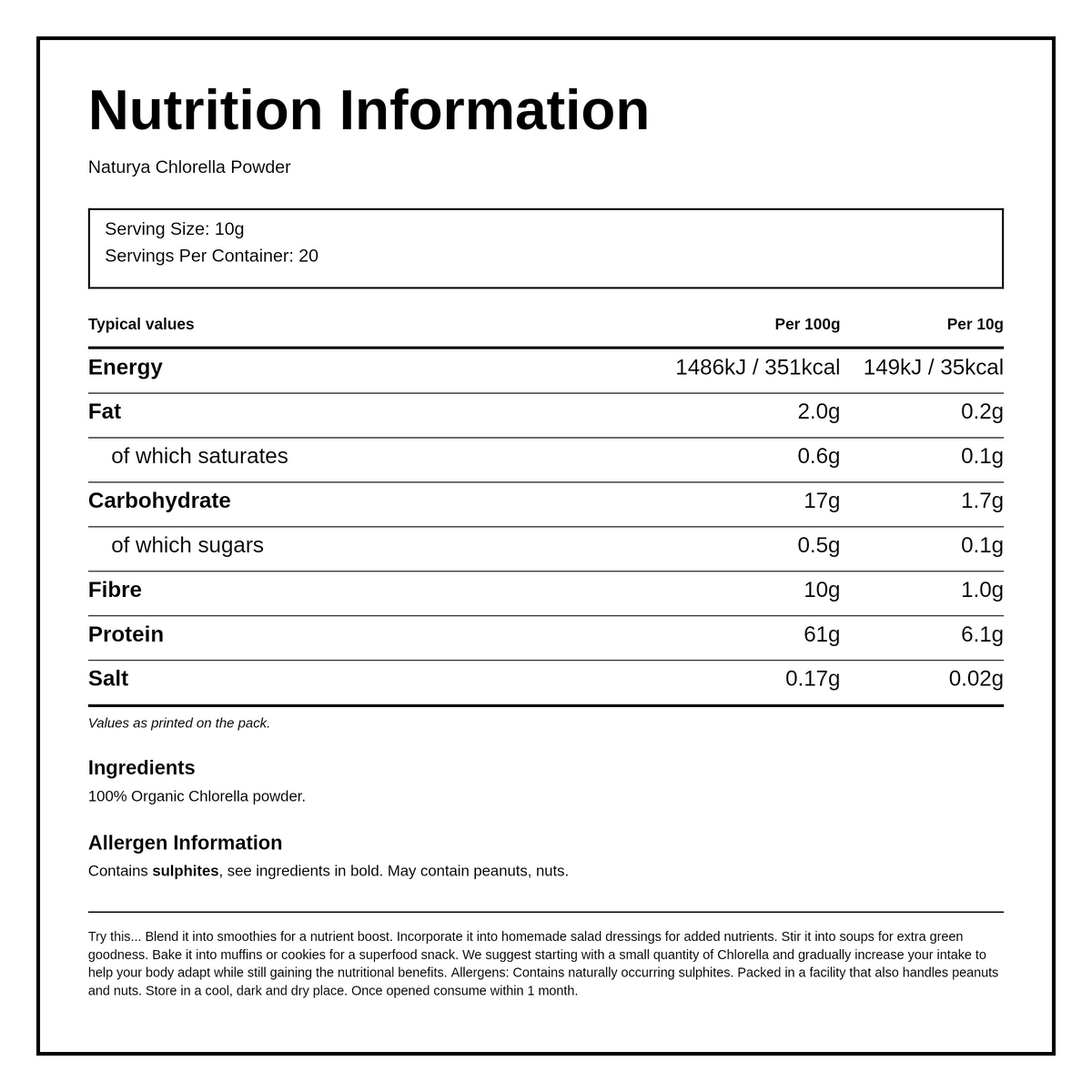 Naturya Organic Chlorella Powder — nutrition information panel, generated from the pack