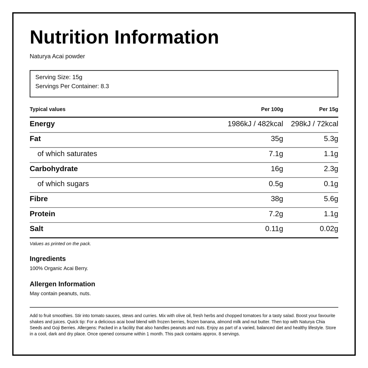 Naturya Organic Acai Powder — nutrition information panel, generated from the pack