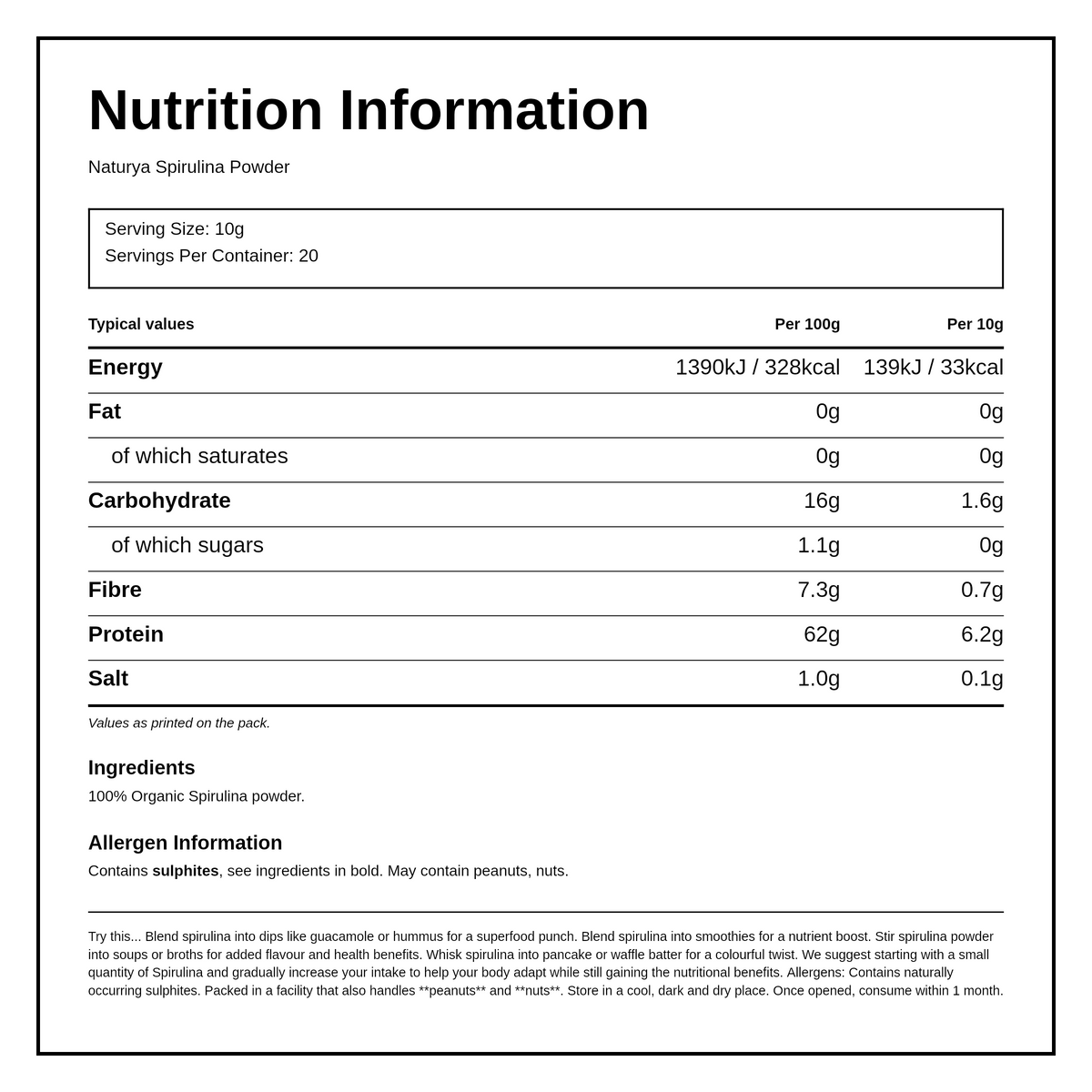 Naturya Organic Spirulina Powder — nutrition information panel, generated from the pack