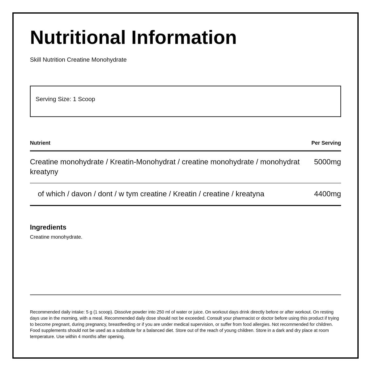 Skill Nutrition Micronised Creatine Monohydrate Unflavoured — nutrition information panel, generated from the pack
