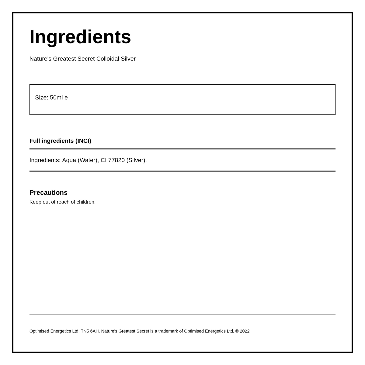 Nature's Greatest Secret 20ppm Silver Spray — ingredients (INCI) panel, generated from the pack