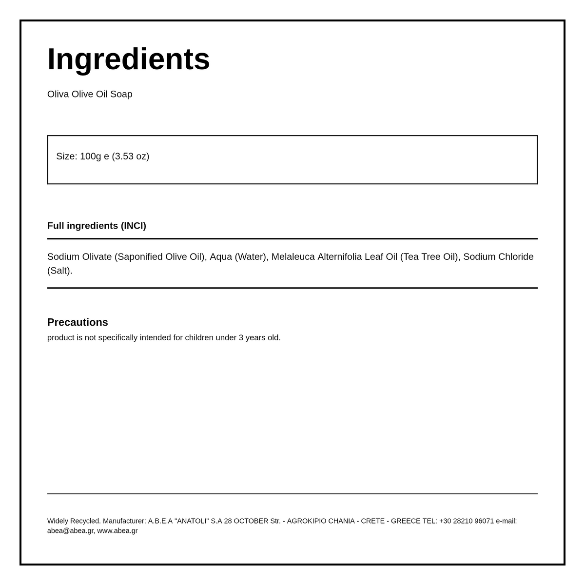Oliva Olive Oil Soap with Tea Tree — ingredients (INCI) panel, generated from the pack