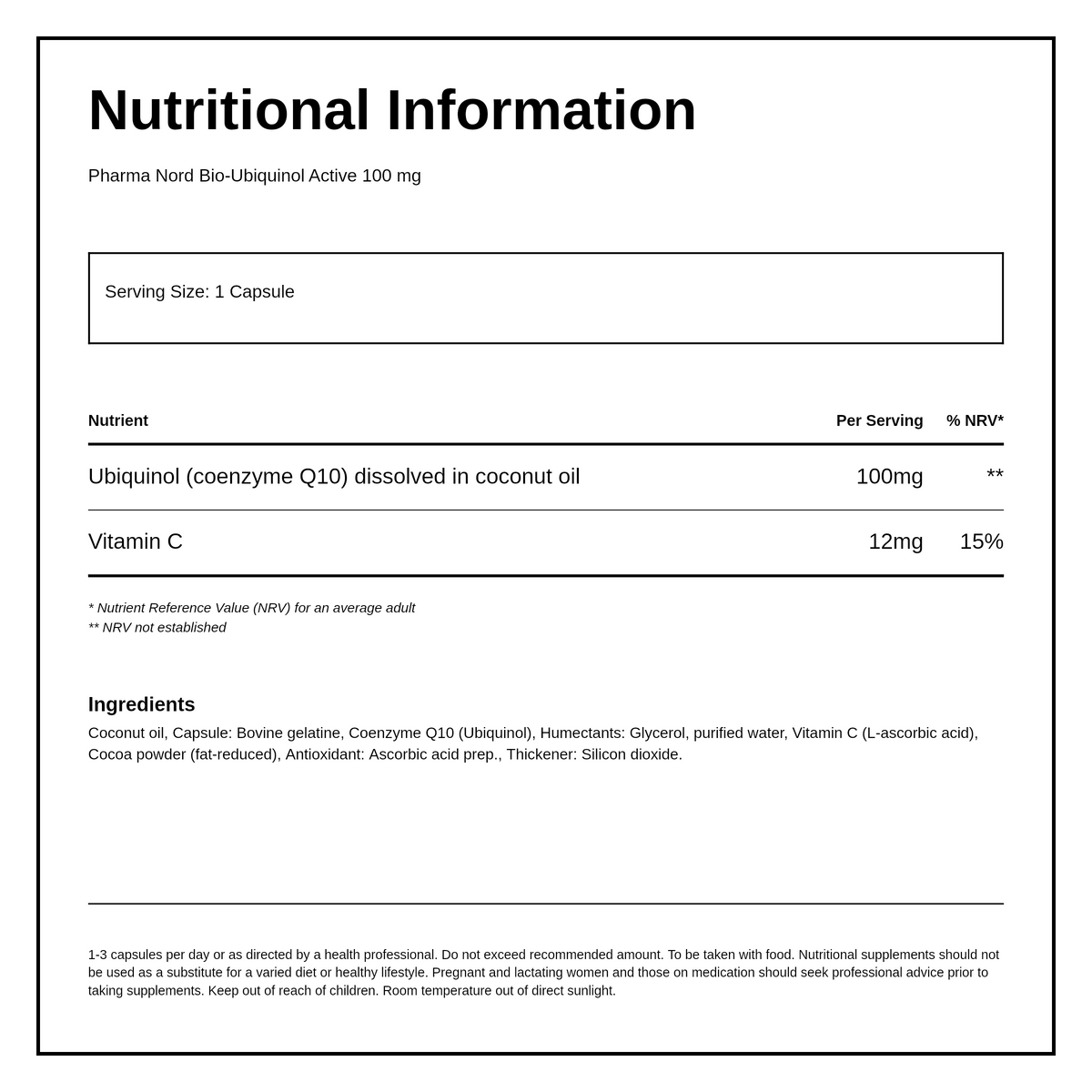 Pharma Nord Bio-Ubiquinol Active QH 100mg — nutrition information panel, generated from the pack