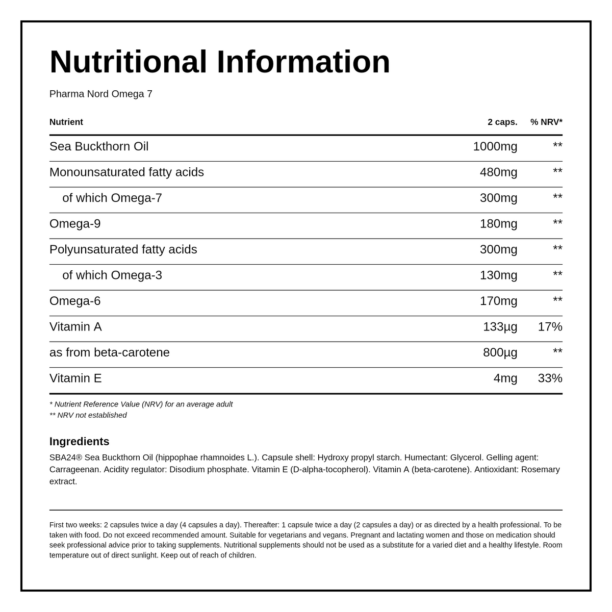 Omega 7 Sea Buckthorn Oil — nutrition information panel, generated from the pack