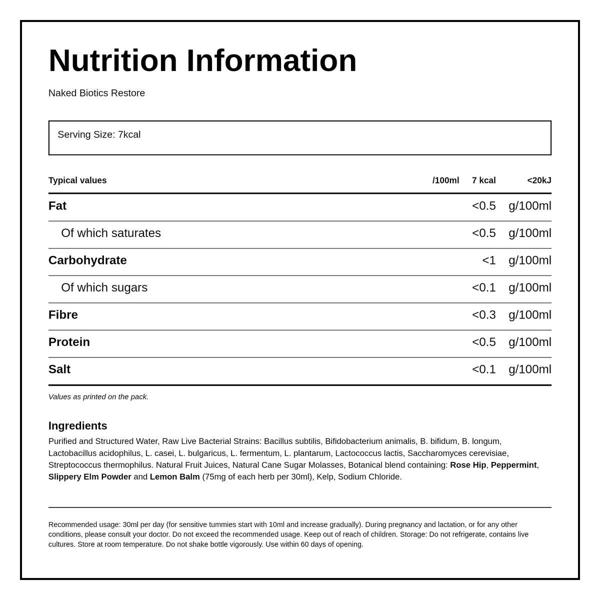 Naked Biotics Restore — nutrition information panel, generated from the pack
