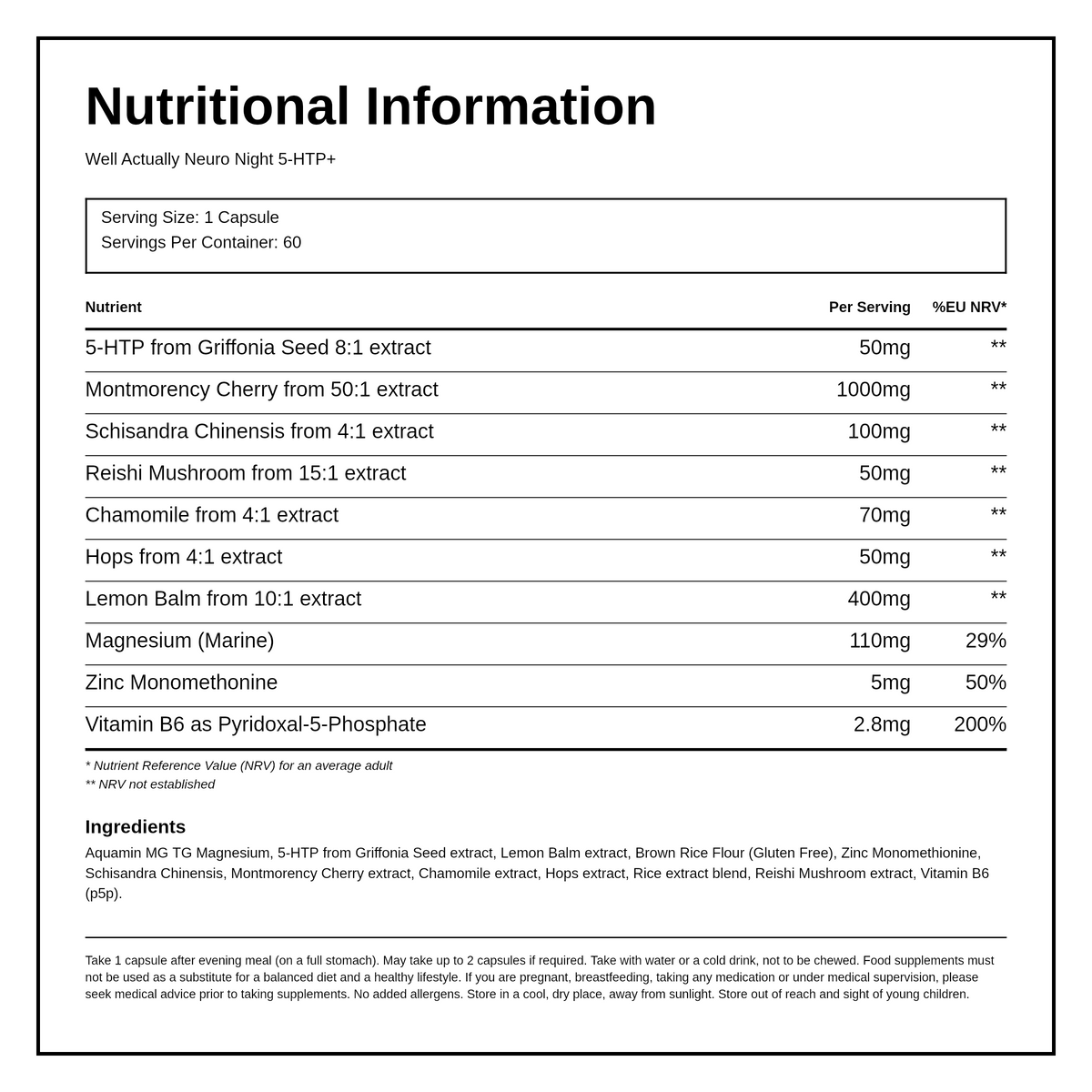 Well Actually Neuro Night 5-HTP+ (60 caps) — nutrition information panel, generated from the pack