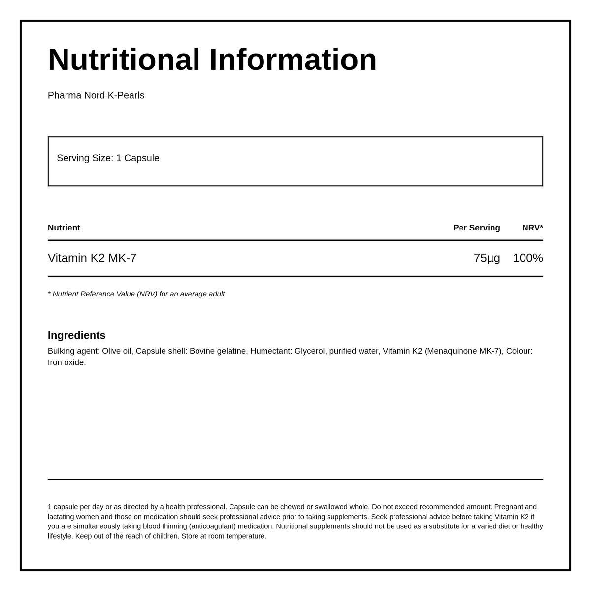 Pharma Nord K Pearls 60 caps — nutrition information panel, generated from the pack