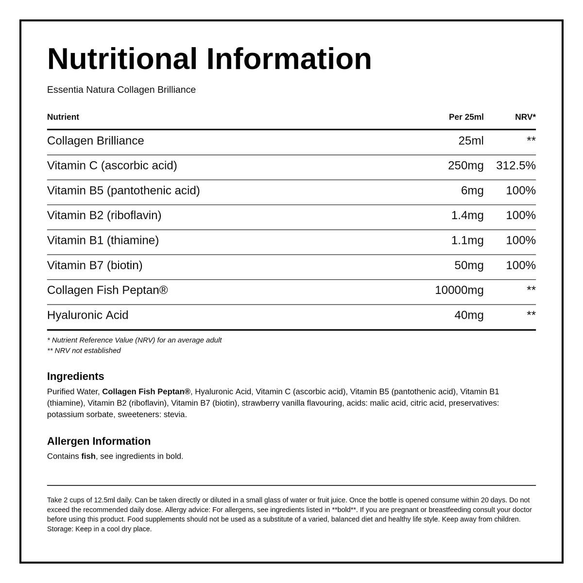 Essentia Natura Collagen Brilliance — nutrition information panel, generated from the pack