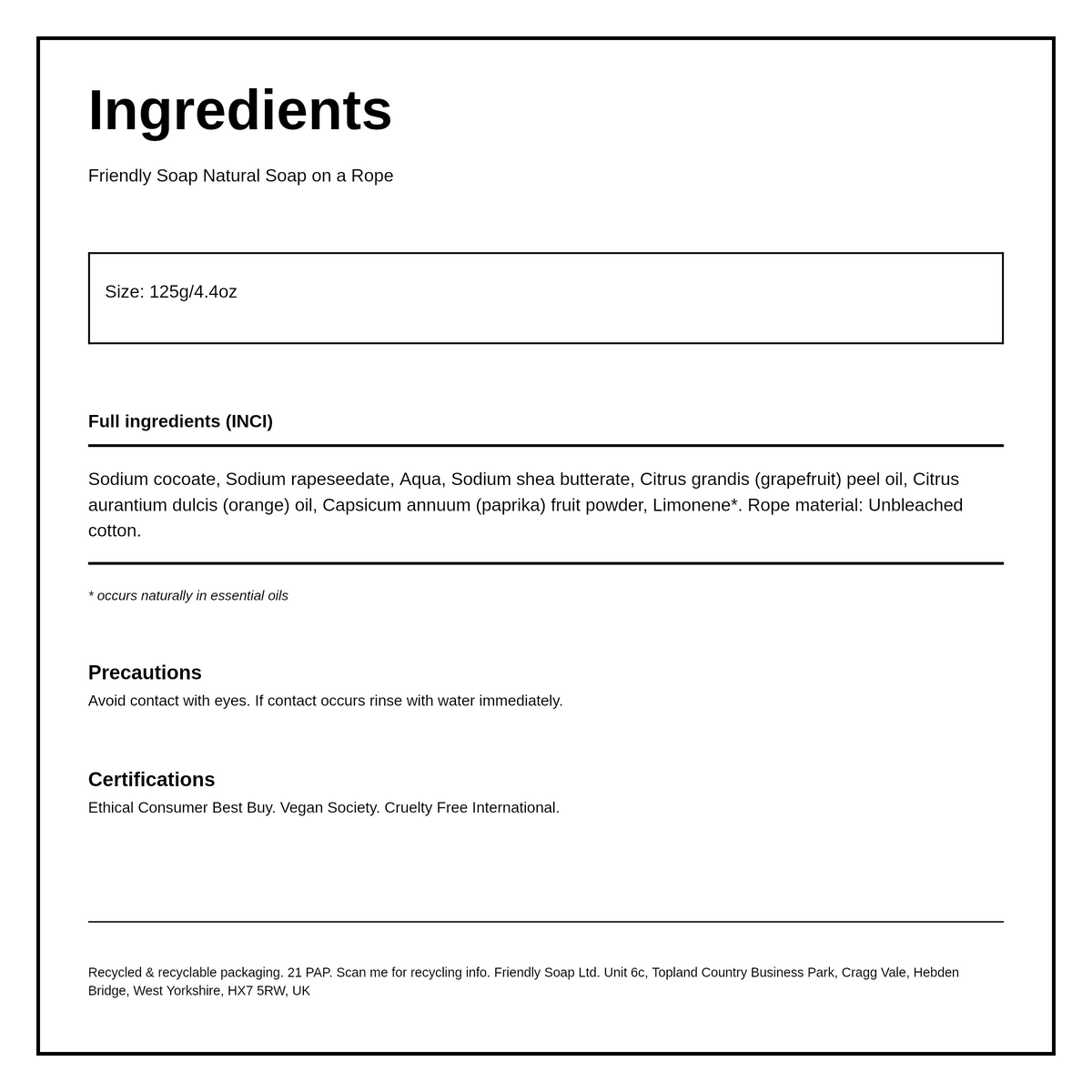 Friendly Soap Orange - Soap On A Rope — ingredients (INCI) panel, generated from the pack