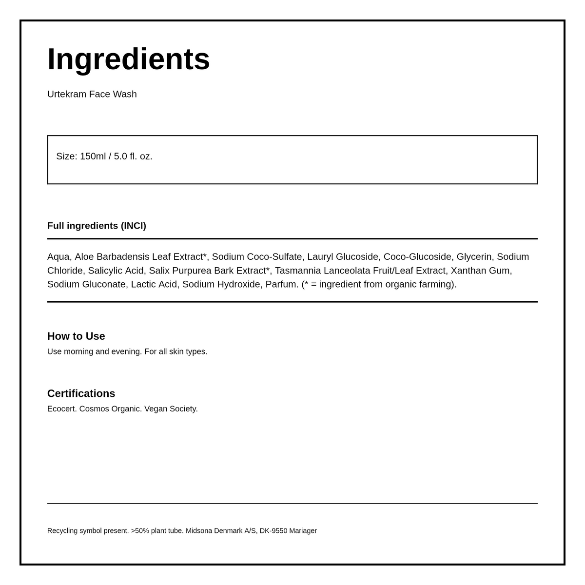 Urtekram Organic Men's Face Wash — ingredients (INCI) panel, generated from the pack