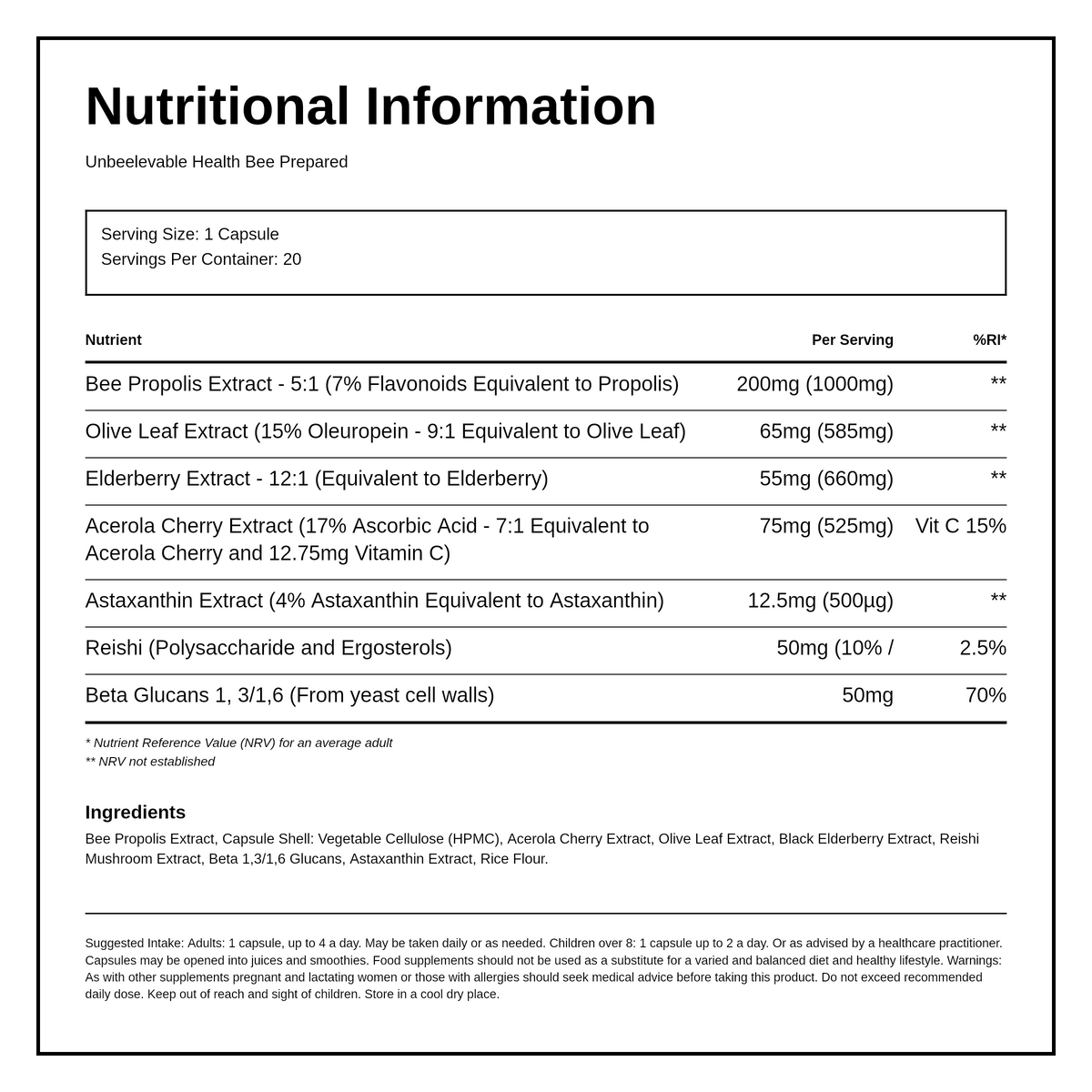 UnBEElievable Health BEE Prepared Max Strength immune formula — nutrition information panel, generated from the pack