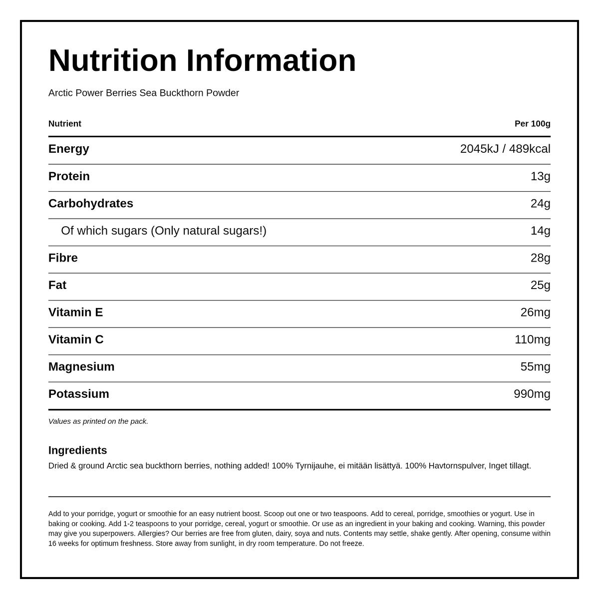Arctic Power Berries 100% Sea Buckthorn Powder — nutrition information panel, generated from the pack