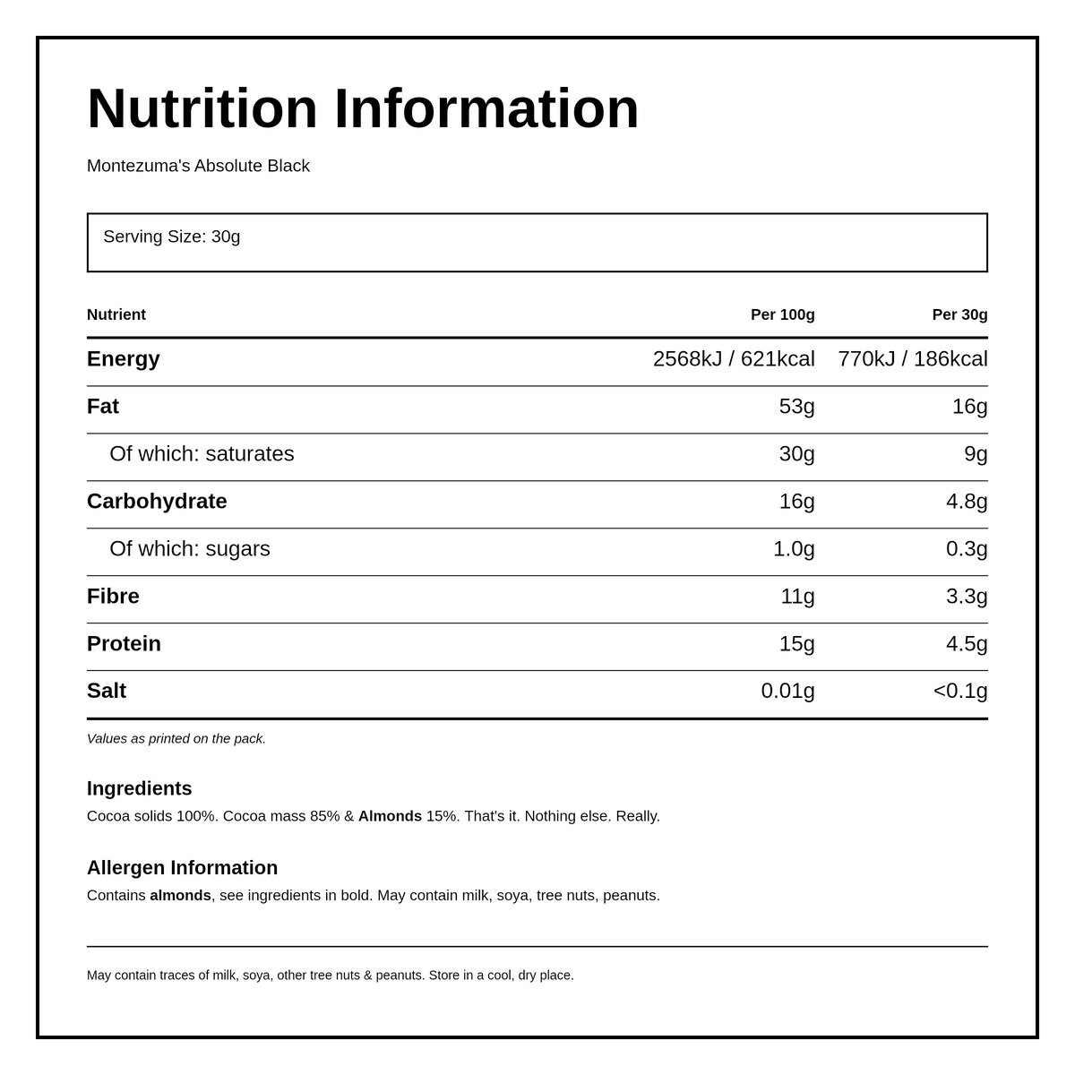 Montezumas Chocolate Absolute Black 100% Cocoa with Almonds — nutrition information panel, generated from the pack