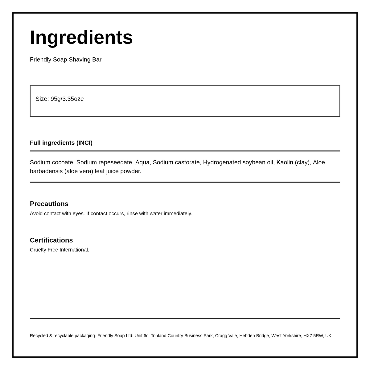 Friendly Soap Shaving Bar - Fragrance Free — ingredients (INCI) panel, generated from the pack