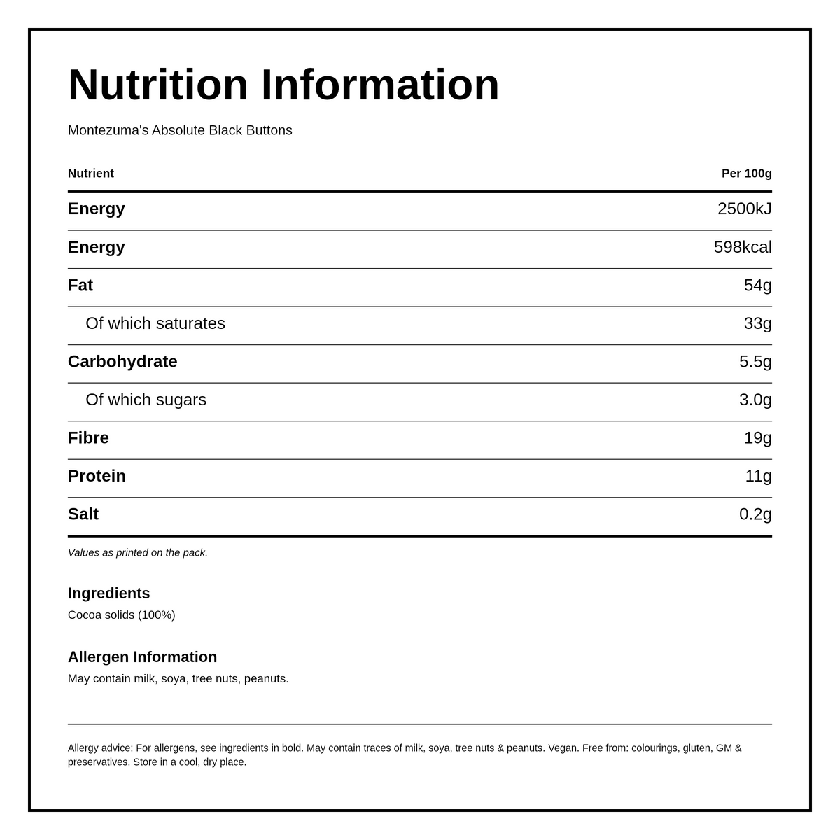 Montezuma's Absolute Black 100% Cocoa Buttons — nutrition information panel, generated from the pack