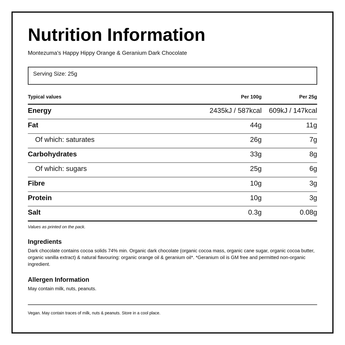 Montezumas Chocolate Happy Hippy 74% Dark Organic with Orange & Geranium — nutrition information panel, generated from the pack