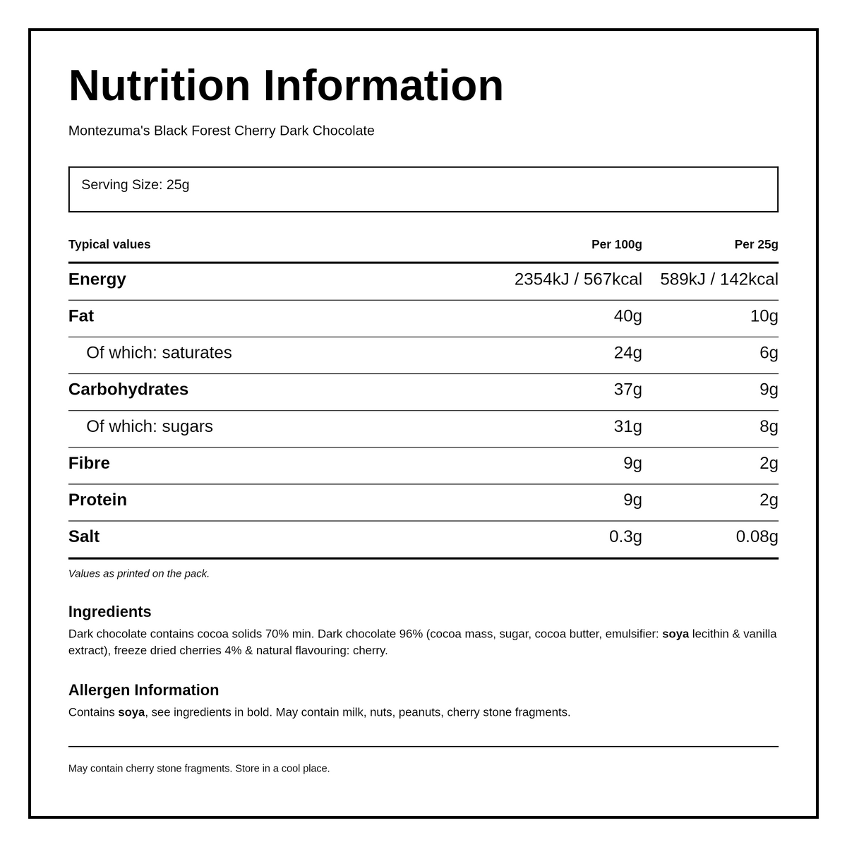 Montezuma's Black Forest Dark Chocolate with Cherry — nutrition information panel, generated from the pack