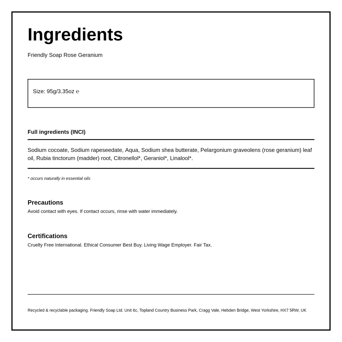 Friendly Soap Rose Geranium Soap — ingredients (INCI) panel, generated from the pack