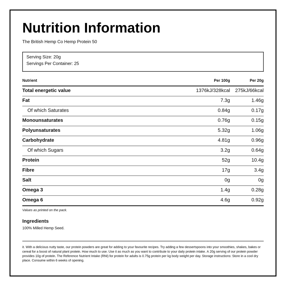 British Hemp Co 50% Hemp protein powder (Order in singles or 8 for trade outer) — nutrition information panel, generated from the pack