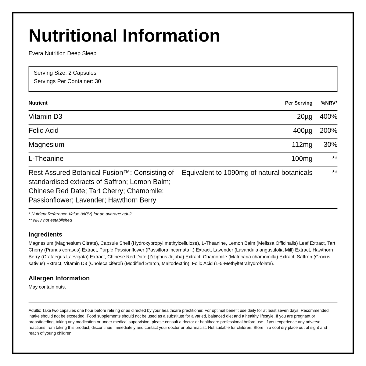 Evera Nutrition Deep Sleep 60s — nutrition information panel, generated from the pack