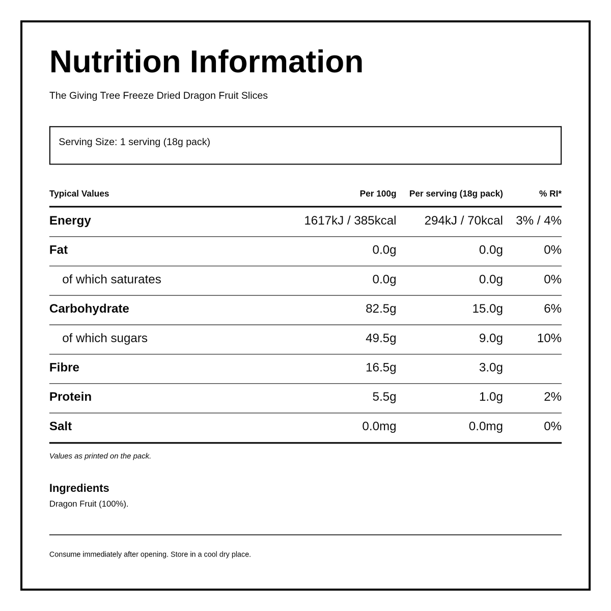 Giving Tree Snacks Freeze Dried Dragon Fruit — nutrition information panel, generated from the pack