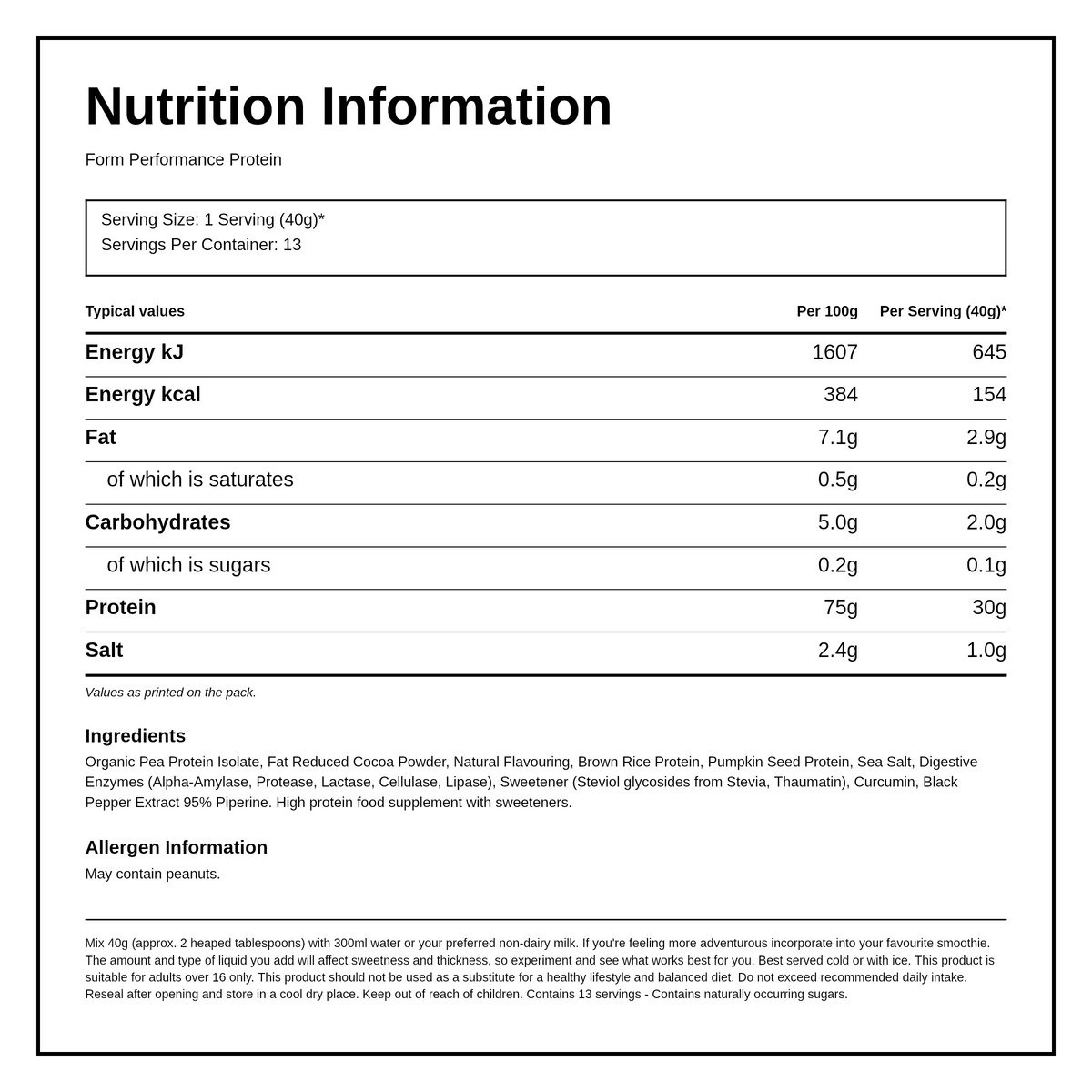 Form Nutrition Performance Protein - Tiramisu 520g — nutrition information panel, generated from the pack