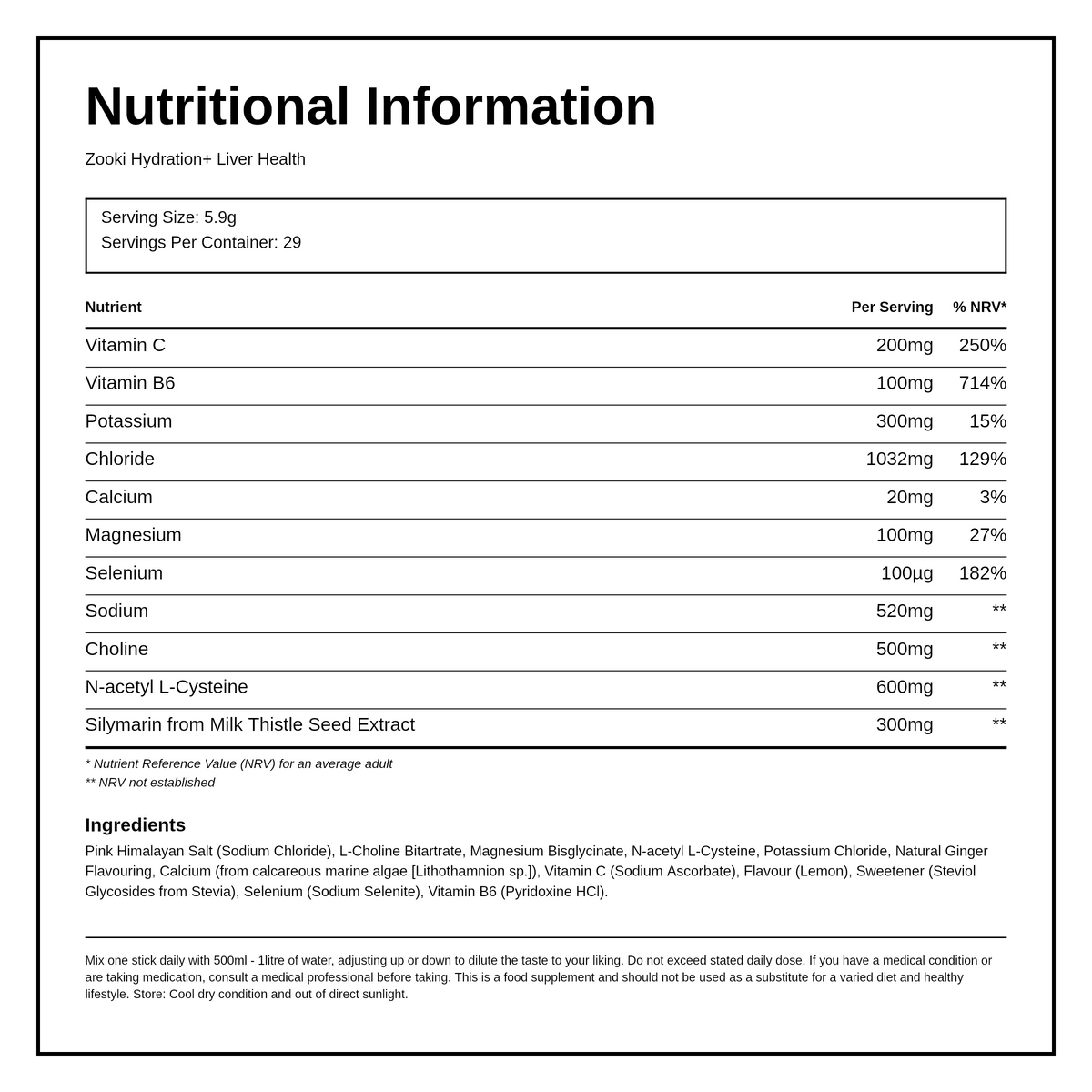 YourZooki Electrolytes Liver — nutrition information panel, generated from the pack