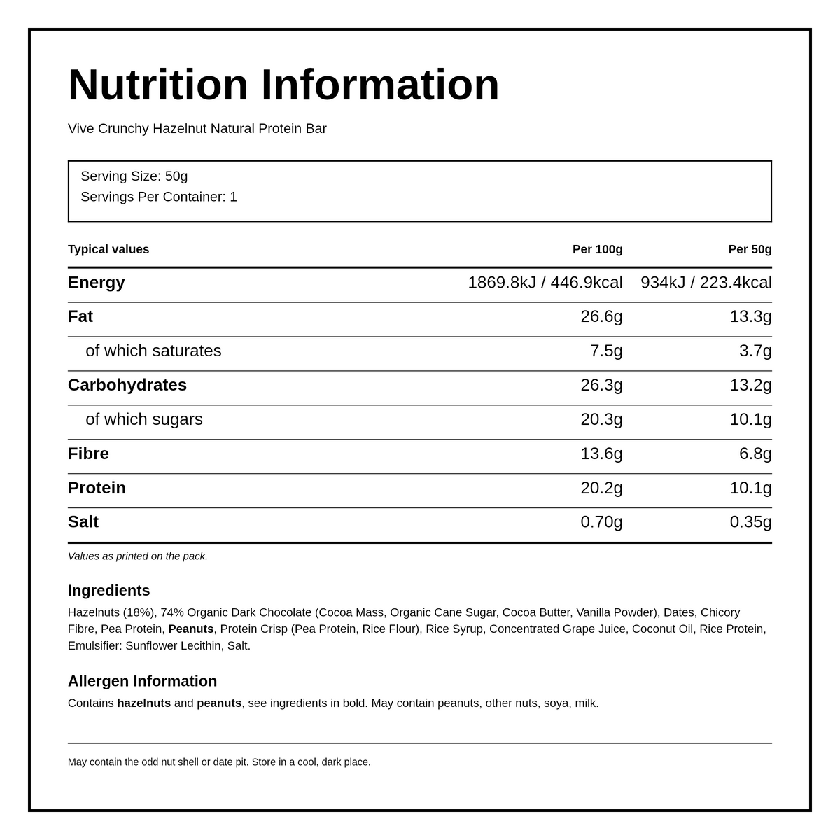 Vivefoods Hazelnut Dark Chocolate Coated Protein Bar — nutrition information panel, generated from the pack