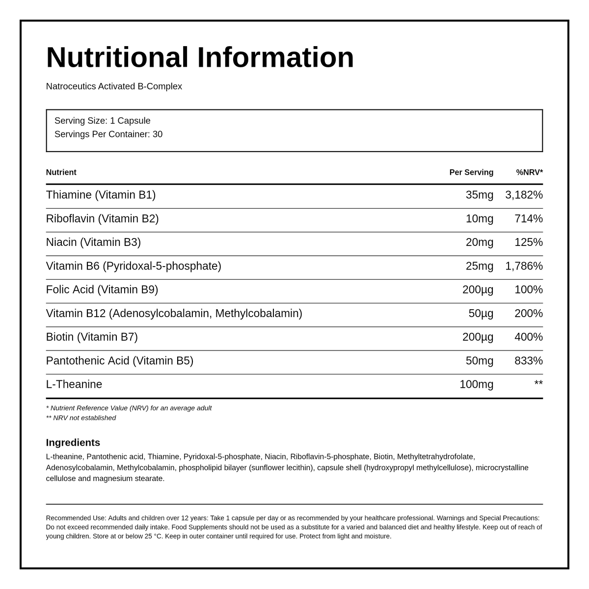 Natroceutics Activated B-Complex 30 caps — nutrition information panel, generated from the pack