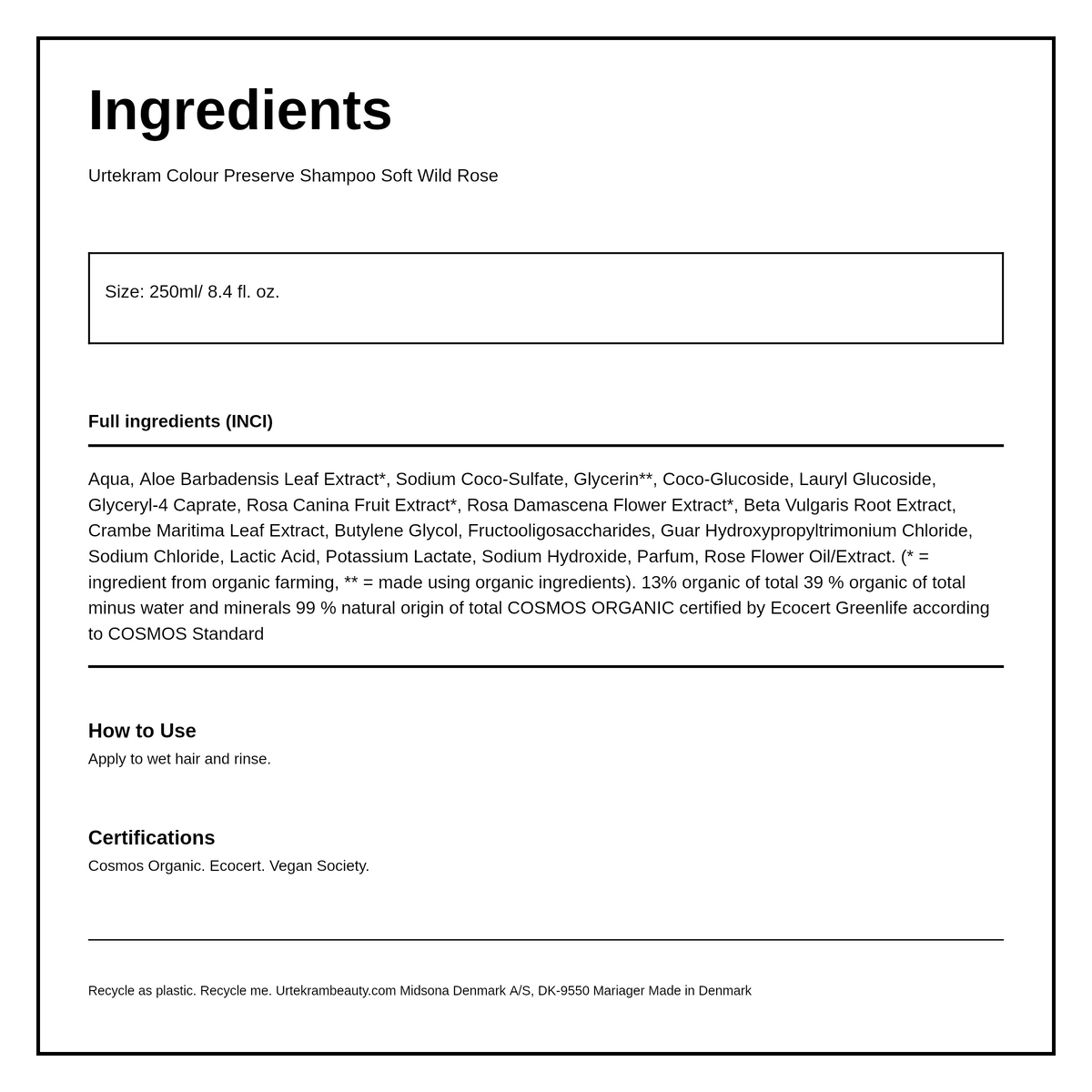 Urtekram Soft Wild Rose Shampoo — ingredients (INCI) panel, generated from the pack
