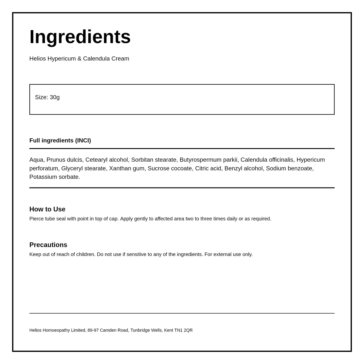Helios Hypericum & Calendula Cream — ingredients (INCI) panel, generated from the pack