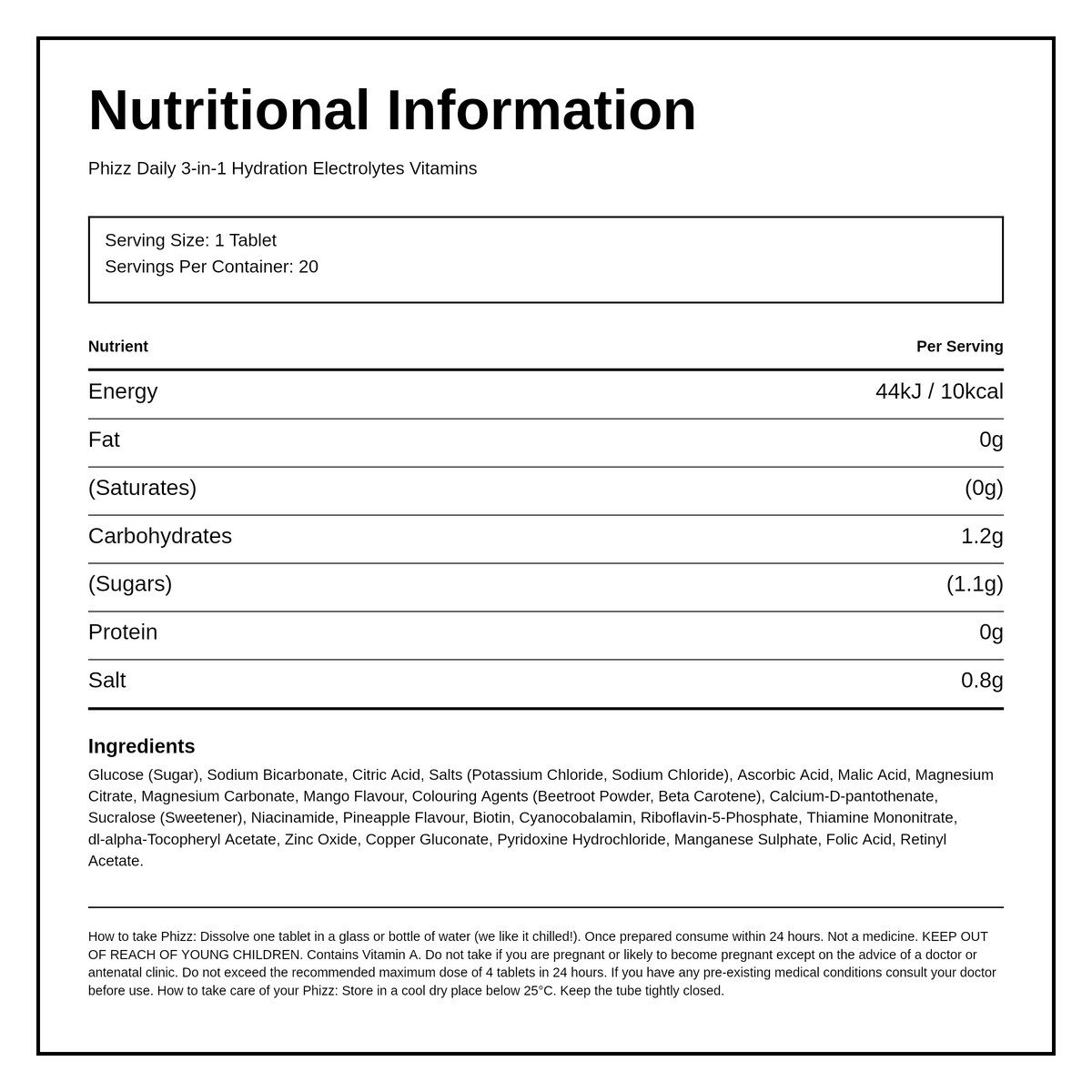 Phizz 3in1 Hydration Electrolytes Vitamins - Mango - 20 Tabs — nutrition information panel, generated from the pack