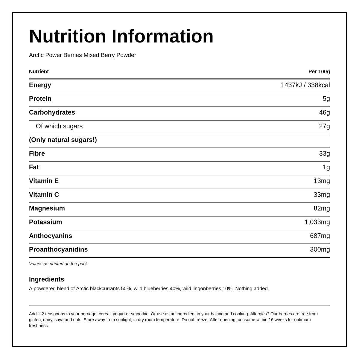 Arctic Power Berries Mixed Berry Powder — nutrition information panel, generated from the pack