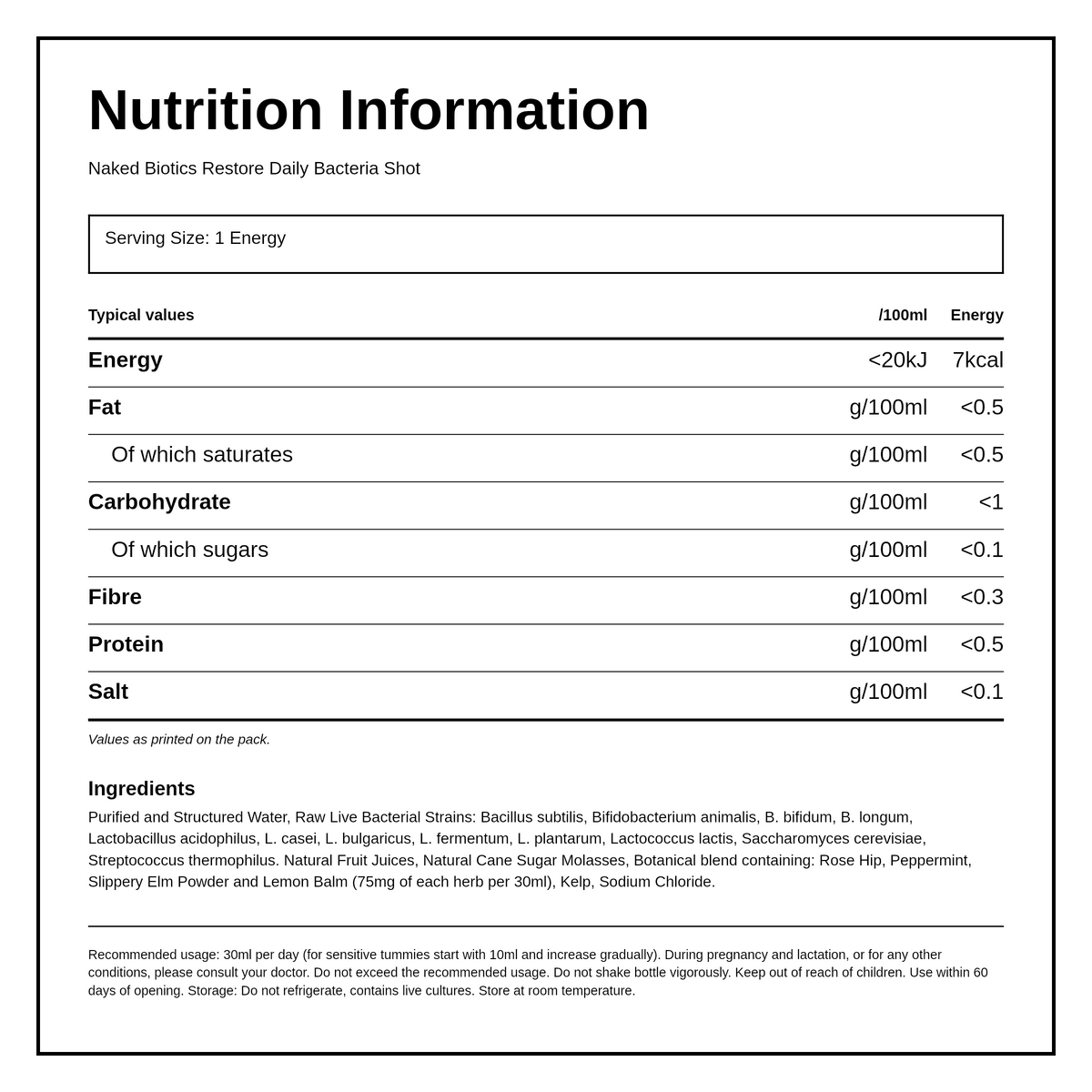 Naked Biotics Restore — nutrition information panel, generated from the pack