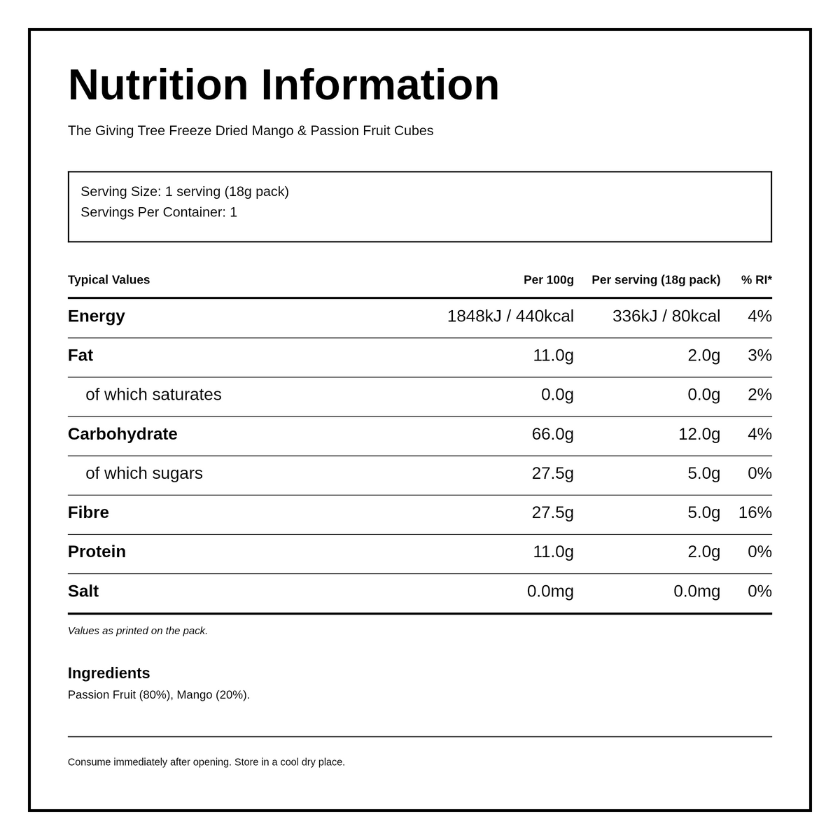 Giving Tree Snacks Mango & Passion Fruit Cubes — nutrition information panel, generated from the pack