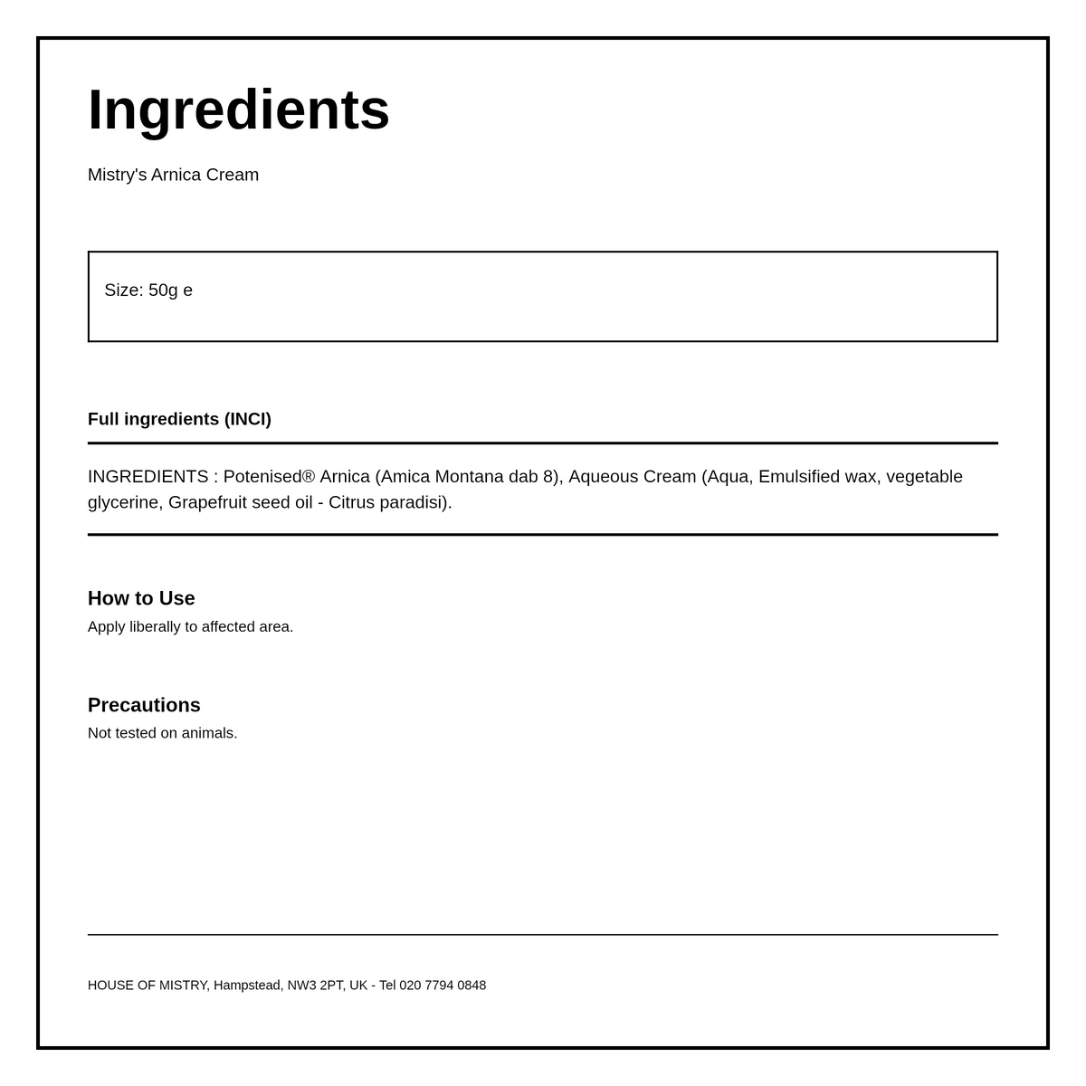 Mistry's Arnica Cream — ingredients (INCI) panel, generated from the pack
