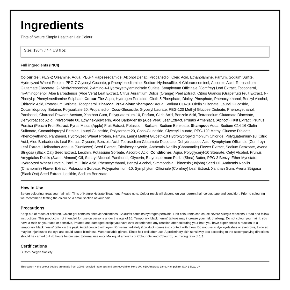 Tints of Nature 6N Natural Dark Blonde — ingredients (INCI) panel, generated from the pack