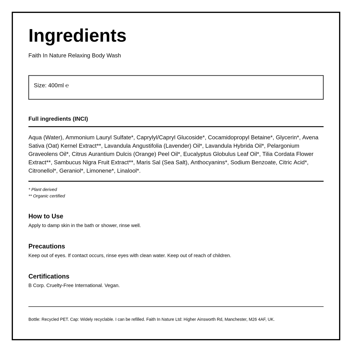 Faith in Nature Lavender & Geranium Body Wash — ingredients (INCI) panel, generated from the pack