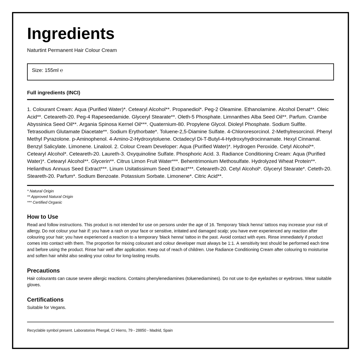Naturtint Hair Colour Cream 7N Hazelnut Blonde — ingredients (INCI) panel, generated from the pack