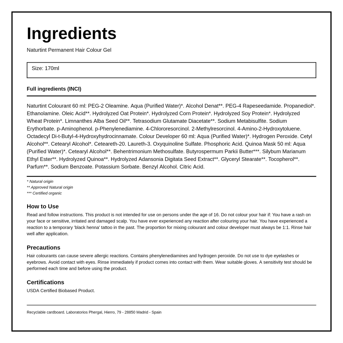 Naturtint Permanent Hair Colourant Dark Golden Blonde 6G 170ml — ingredients (INCI) panel, generated from the pack