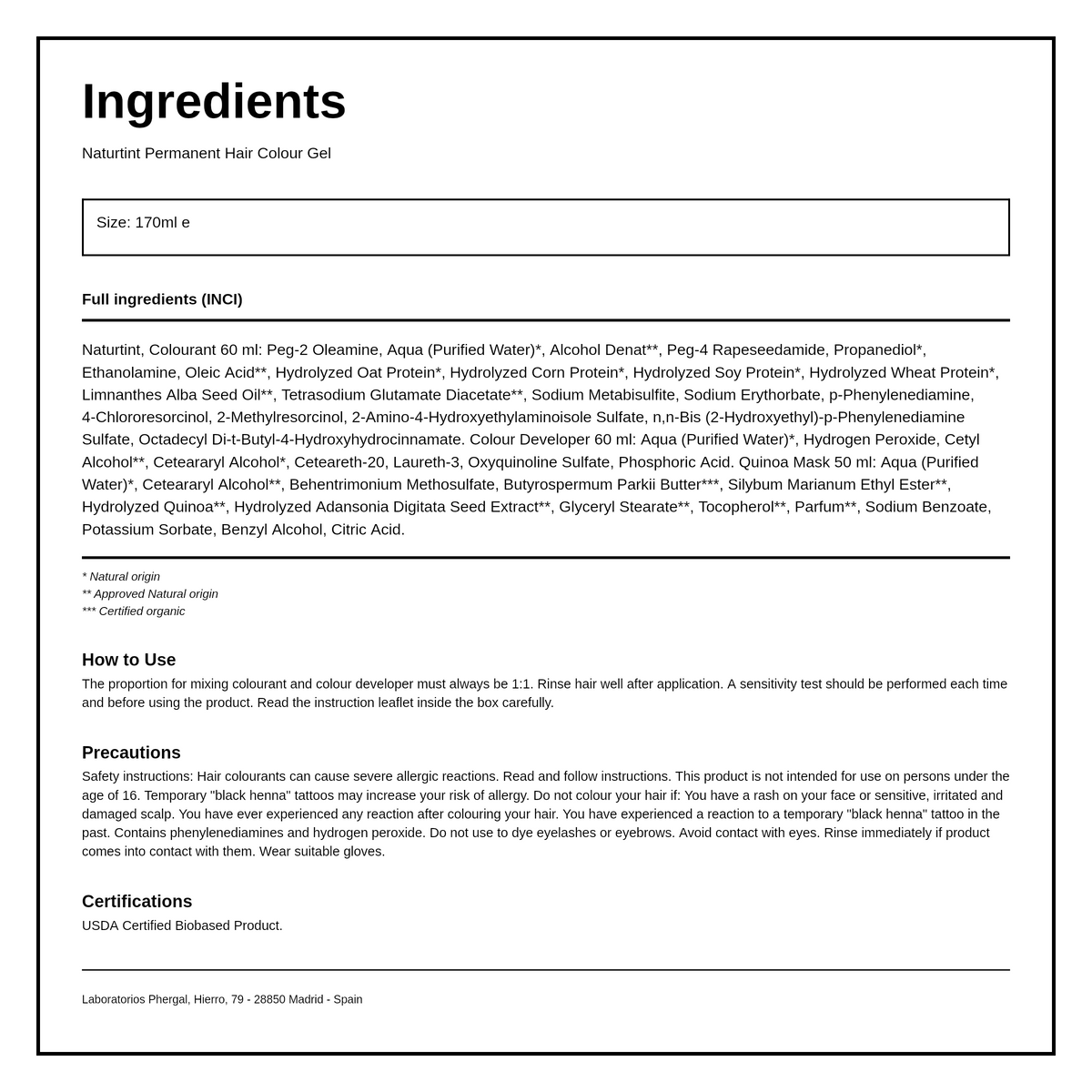 Naturtint Permanent Hair Colourant Light Ash Blonde 10A 170ml — ingredients (INCI) panel, generated from the pack