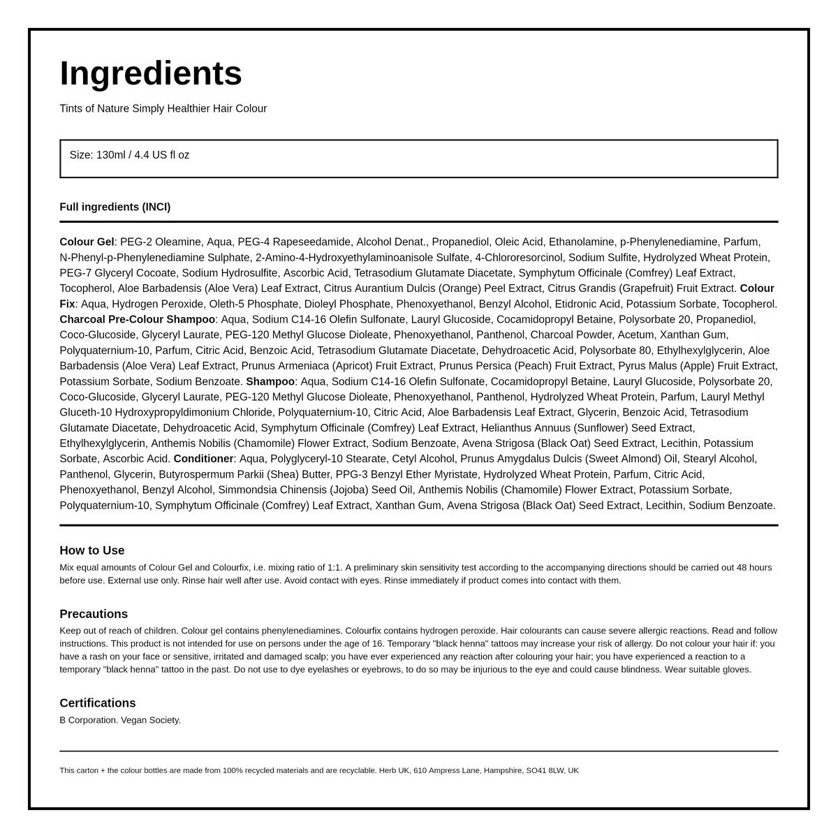 Tints of Nature 1N Natural Black — ingredients (INCI) panel, generated from the pack